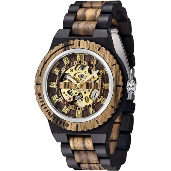 Men's Wooden Watch Skeleton Automatic Movement Wood Watch Self-Winding Watches - Picture 2 of 6